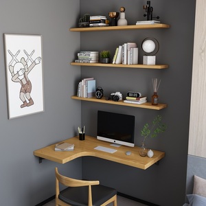 实木壁挂式悬空书桌书架组合拐角一字板上墙长角落l型转角电脑桌