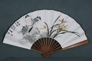 x7 一尺折扇【2】写意花鸟 国画 兰石图 兰花小鸟 字画 手绘 有款