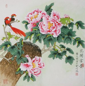 名家 龚文桢 风格【24】工笔花鸟 国画 牡丹花 绶带 手绘四尺斗方