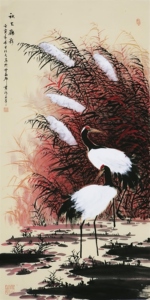 名家 连俊洲 风格【827】写意花鸟 国画 芦苇丹顶鹤 手绘 四尺 竖