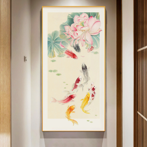 墙蛙荷花九鱼图新中式玄关入户装饰画客厅水墨画莲花走廊过道挂画