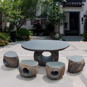 鹅卵石桌石凳庭院花园户外园林圆桌原石头茶台石雕桌凳子模具刻字