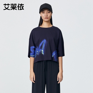 艾莱依2021夏新款休闲宽松运动t恤女时尚印花五分袖短款短袖上衣