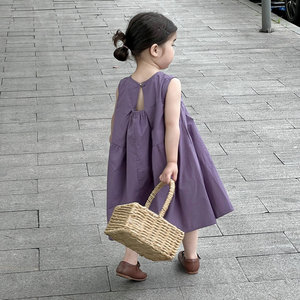 女童棉布连衣裙2023夏季款儿童韩版后背漏空设计感背心裙无袖裙子