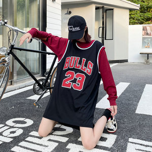 叠穿撞色上衣嘻哈球衣背心女宽松超长款复古bf长袖t恤ins潮篮球服