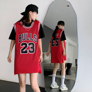 gougoup美式复古宽松篮球服嘻哈红色背心无袖T恤女中长款大码球衣