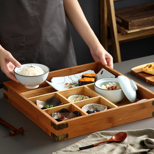 日式创意多格餐具木质陶瓷组合餐盘餐厅用六宫格木盒子分格多用
