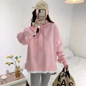 xshop欣家春新刺绣字母宽松大码纯棉复合中款假两件帽衫卫衣女韩