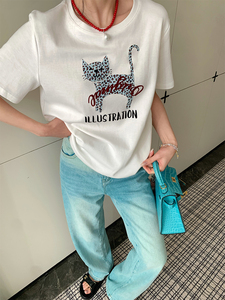 INGCON咖啡猫 2024年新款韩版短款慵懒风可爱印花休闲短袖t恤女夏
