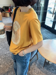 韩国东大门女装春夏季甜美可爱卡通维尼小熊做旧印花黄色短袖T恤
