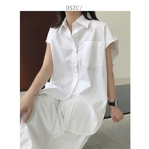 欧美博主风无袖廓形衬衫女ins简约翻领宽松休闲直角肩百搭白衬衣