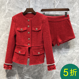 断5折 精品 钉珠毛呢外套阔腿短裤套装女欧货冬两件套21CC11