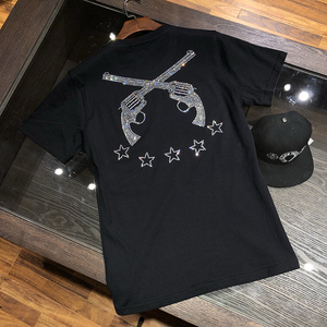 潮牌mmjt恤双枪休闲男生港风复古chic烫钻骷髅头短袖女宽松情侣装