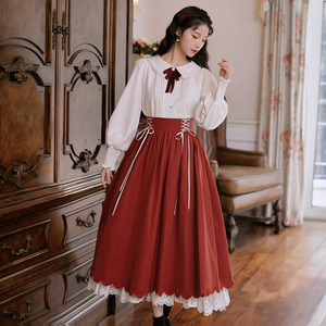 复古时尚枫叶红复古学院娃娃领长袖刺绣花蕾丝双层连衣裙套装可拆