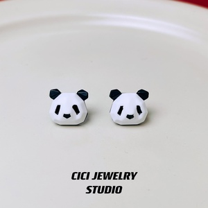 CICI新款潮流艺术家立体熊猫黑白潮玩马赛克不规则S925银针耳钉