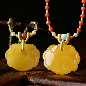 不鸣手作 蜜蜡如意平安长命锁宝宝锁琥珀珠宝吊坠镶嵌挂坠