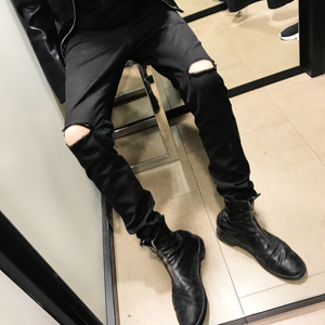 yp原创 honeystyle 黑色休闲裤膝盖磨破裤子修身版小脚裤