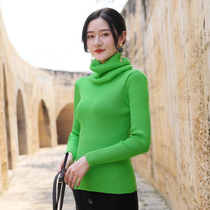 罗子君明星同款套头纯色长袖紧身堆堆高领绿色打底衫女秋冬装新款