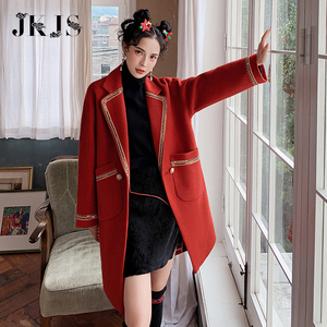 红色呢子大衣女中长款风衣小个子女装秋冬结婚本命年毛呢西装外套