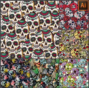 恐怖骷髅头鲜花花纹墙纸印花图案ai矢量设计素材
