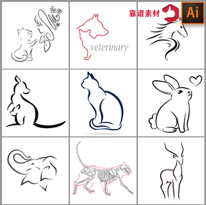 手绘黑白线描简笔画简约抽象动物装饰画矢量设计素材