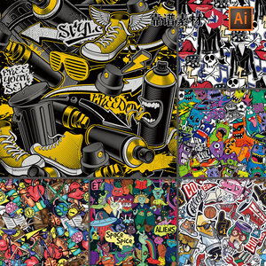时尚篮球怪物卡通街头涂鸦朋克墙纸印花图案ai矢量设计素材