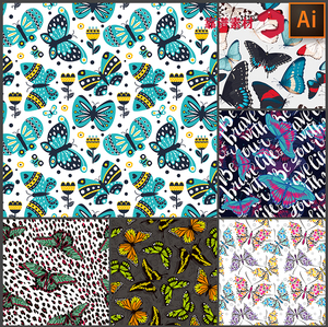 美丽的彩色小蝴蝶图案植物花纹四方连续印花图案ai矢量设计素材
