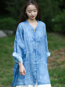 2024原创设计棉麻女装文艺复古中式民族风苎麻宽松中长款印花衬衫