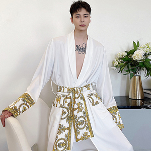 欧式宫廷拜占庭睡衣风印花绑带风衣型男系带开衫薄外套开衫凹造型
