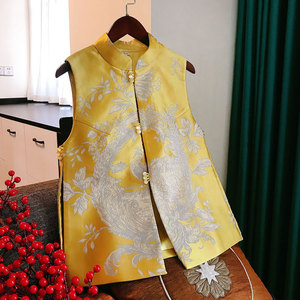 秋冬季中式国风潮黄色外套无袖坎肩女士上衣高端刺绣聚会唐装马甲