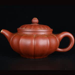 李玲紫砂壶名家大师纯全手工宜兴老朱泥描金菱形筋纹锦囊泡茶壶具