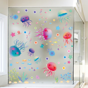 卡通卫生间海底世界浴室海洋鱼可爱水母海草墙贴纸瓷砖玻璃贴画