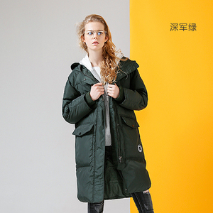 初语秋冬新款中长款羽绒服过膝 加厚连帽绿色直筒女装外套