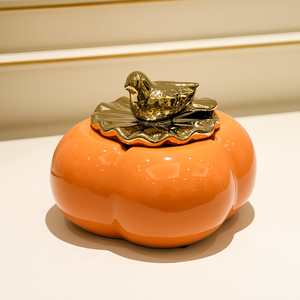 轻奢烟灰缸陶瓷带盖创意柿子如意防烟味家用客厅摆件橙色装饰品