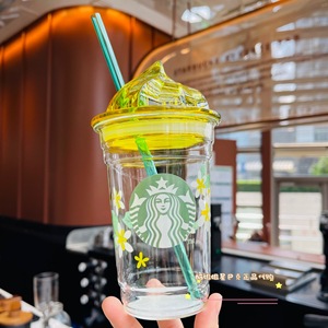 星巴克2021可爱花朵趣味星冰乐奶油造型杯盖玻璃吸管喝水新品杯子