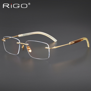 牛角无框眼镜架纯钛 超轻近视眼镜男 可配度数镜片大框眼镜框手造
