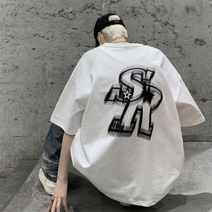 r星t恤男夏季美式高街潮牌七分袖240g重磅大码丅血欧美hiphop短袖