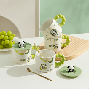 贝鲁拉IP熊猫珠光马克杯早餐杯店庆活动礼品开业伴手礼咖啡杯带盖
