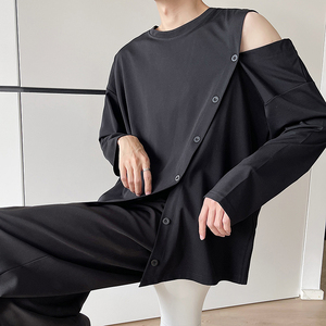 露肩黑色t恤男高级感上衣设计感ins潮牌冷淡风春秋打底衫个性纽扣