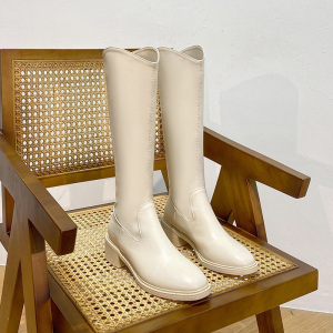 【女王家】秋冬新款v口不过膝长靴女中跟粗跟高筒白色长筒骑士靴