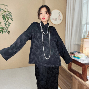 小众设计师提花新中式上衣女斜襟玉石扣宽松复古长袖小褂显瘦2449