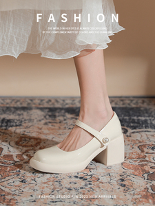 法式白色玛丽珍女鞋高跟鞋2024春夏新款复古一字带粗跟真皮女单鞋