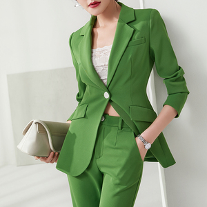 新款职业装女套装2019秋冬时尚绿色西服女上衣长裤子阔腿裤两件套