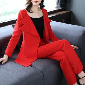 秋冬套装女时尚2019新款chic港味红色女神范儿职业装阔腿裤两件套