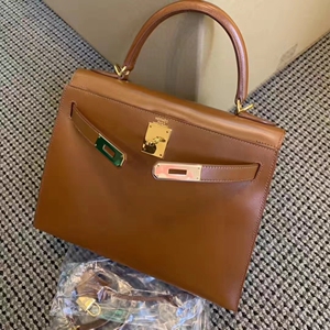 二手品98新hermes爱马仕kelly28box金棕色金扣单肩手提女包