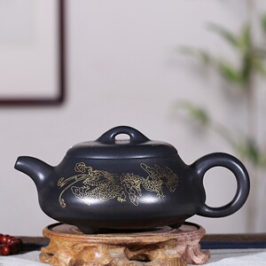 宜兴紫砂壶名家作品高工王永君镶嵌24k金丝三足矮石瓢精品