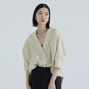 旅途原品 丝棉文艺无领衬衫女夏季轻薄时尚通勤v领休闲七分袖上衣