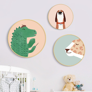 创意圆框画儿童房装饰画卧室床头挂画幼儿园卡通动物组合墙画壁画