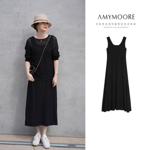 AMYMOORE艾莫尔春夏新款女装连衣裙针织黑色简约时尚女士AW526303