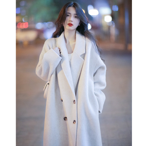 宽松阔版双面羊绒大衣女米白色2023秋冬新款韩版中长款羊毛呢外套